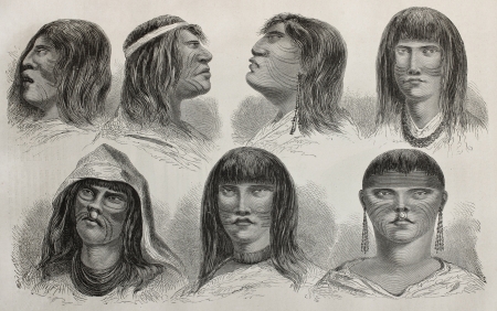 Old illustration of native Peruvians types. Created by Riou, published on Le Tour du Monde, Paris, 1864のeditorial素材