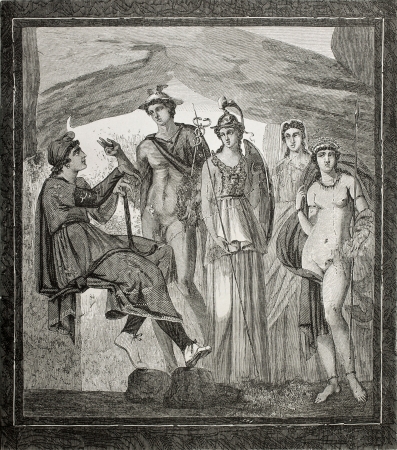 Old illustration of Paris judgment fresco in House of Paquius Proculus in Pompeii, Italy. rond and Hildibrand, published on Le Tour du Monde, Paris, 1864のeditorial素材