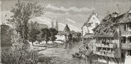 Old illustration of Pegnitz river in Nuremberg, Germany. Created by Therond, published on Le Tour du Monde, Paris, 1864のeditorial素材