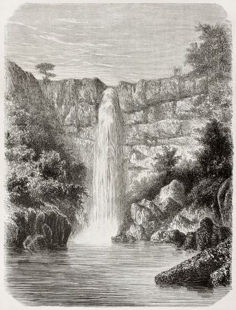 Old illustration of Reb river falls, Abyssinia. Created by De Bar, published on Le Tour du Monde, Paris, 1864のeditorial素材