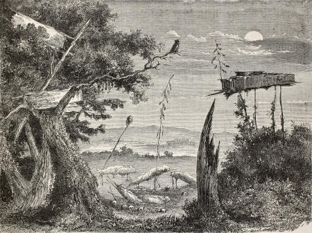 Old illustration of a Sioux graveyard in Nebraska, USA. Created by Lancelot and Goucherd, published on Le Tour du Monde, Paris, 1864のeditorial素材