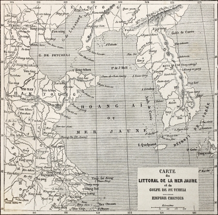 Old map of Yellow sea coast map. Created by Erhard and Bonaparte,  published on Le Tour du Monde, Paris, 1864のeditorial素材