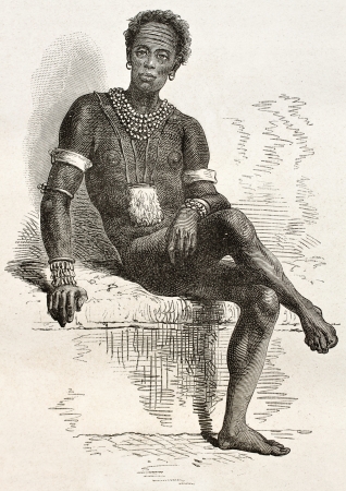 Old engraved portrait of Joctian, native African, leader of Nouers tribe ( lake Victoria area). Created by Neuville, published on Le Tour du Monde, Paris, 1867のeditorial素材