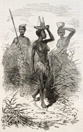 Native african woman old engraved portrait (Nouers tribe, lake Victoria surroundings). Created by Neuville and Hildibrand, published on Le Tour du Monde, Paris, 1867のeditorial素材