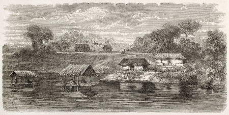 Tahua-Miri village on Coari lake bank old view, Brazil. Created by Riou, published on Le Tour du Monde, Paris, 1867のeditorial素材