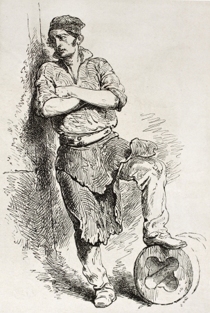 Iron mill worker old engraved portrait (le Creausot, France). Created by Neuville after Bonhomme, published on Le Tour du Monde, Paris, 1867のeditorial素材