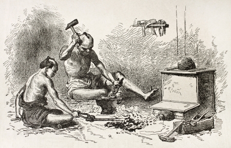 Japanese blacksmith old illustration. Created by Neuville after Japanese drawing of unknown author, published on Le Tour du Monde, Paris, 1867 のeditorial素材