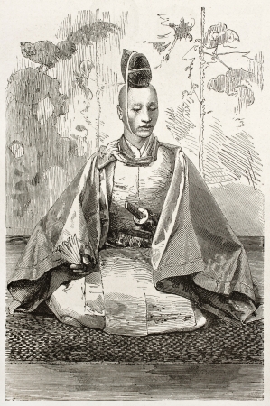 Mikado's officer old engraved portrait. Created by Bayard after photo of unknown author, published on Le Tour du Monde, Paris, 1867のeditorial素材