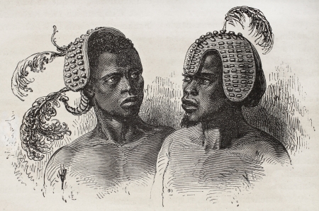 African Obbos people headgears old illustration. Created by Neuville, published on Le Tour du Monde, Paris, 1867のeditorial素材