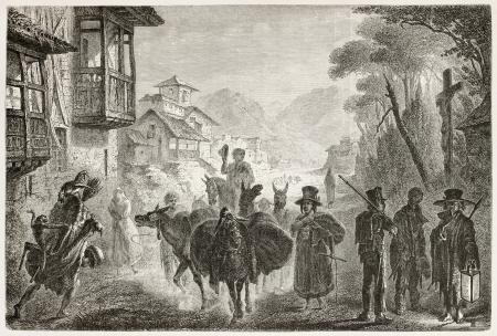 People along the street in Quito, Ecuador, old illustration. Created by Fuchs after Charton, published on Le Tour du Monde, Paris, 1867のeditorial素材