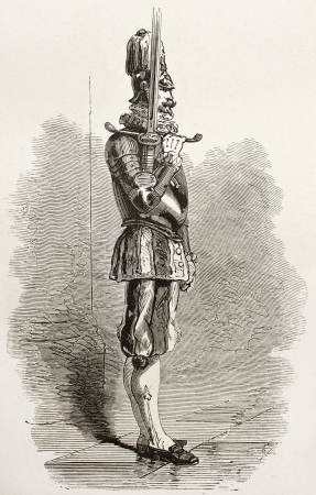 Swiss guard in Vatican city holding two-handed sword. Created by Neuville, published on Le Tour du Monde, Paris, 1867のeditorial素材