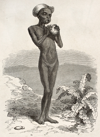 Undernourished boy of Kytchs tribe, eastern Africa. Created by Neuville, published on Le Tour du Monde, Paris, 1867のeditorial素材