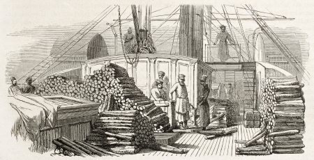 Volga steamer deck old illustration. Created by Moynet, published on Le Tour du Monde, Paris, 1867のeditorial素材