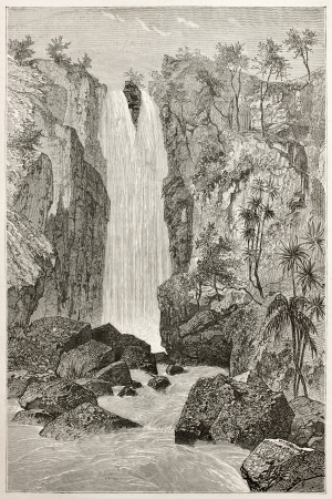 Zaora waterfalls old illustration, Abyssinia. Created by Ciceri after Lejean, published on Le Tour du Monde, Paris, 1867のeditorial素材