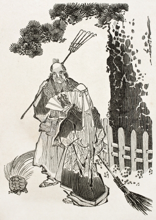 Old Japanese illustration depicting Baucis and Philemon. By unidentified author, published on Le Tour Du Monde, Ed. Hachette, Paris, 1867のeditorial素材