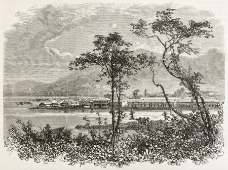 Dejima old view, Japan. Created by Sabatier, published on Le Tour Du Monde, Paris, 1867のeditorial素材