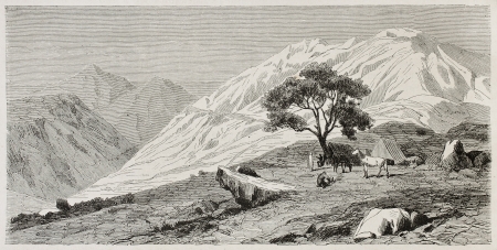 Djurdjura mountains old view, Kabylia, Algeria. Created by Duhousset, published on Le Tour Du Monde, Paris, 1867のeditorial素材