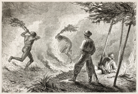 New Caledonian natives extinguishing fire in the savannah. Created by Neuville after Garnier, published on Le Tour Du Monde, Paris, 1867のeditorial素材