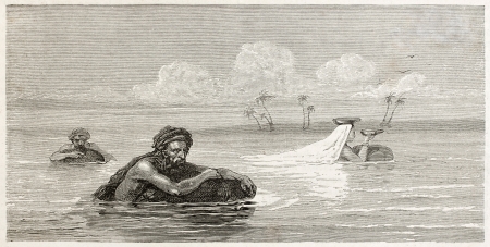 Babylonian people using life-preservers to float on Tigris river. Created by Neuville after Lejean, published on Le Tour du Monde, Paris, 1867のeditorial素材