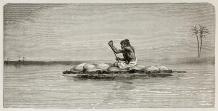 Man floating on a raft in Tigris river, old illustration. Created by Neuville after Lejean, published on Le Tour du Monde, Paris, 1867のeditorial素材