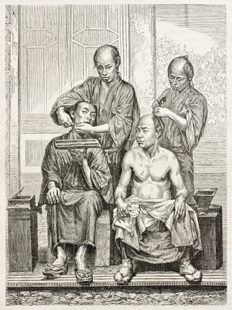 Japanese barbers old illustration. Created by Perrin after photo by unknown author, published on Le Tour Du Monde, Paris, 1867のeditorial素材