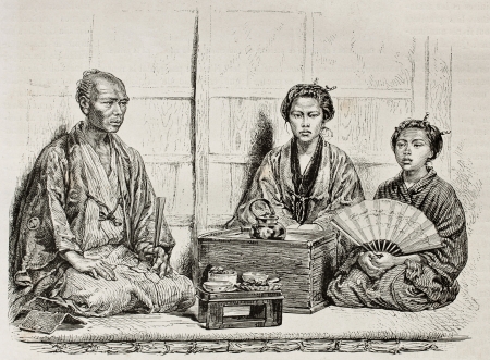 Japanese family in traditional clothing. Created by Neuville after photo of unknown author, published on Le Tour Du Monde, Ed. Hachette, Paris, 1867 のeditorial素材