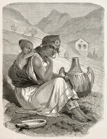 Old engraved portrit of a Kabylian woman and son, Algeria. Created by Stop, Gauchard and Brunier, published on Le Tour Du Monde, Paris, 1867のeditorial素材