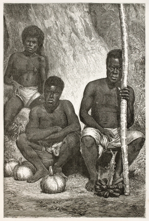 New Caledonian fruit merchants old illustration. Created by Loudet after photo of unknown author, published on Le Tour Du Monde, Paris, 1867のeditorial素材
