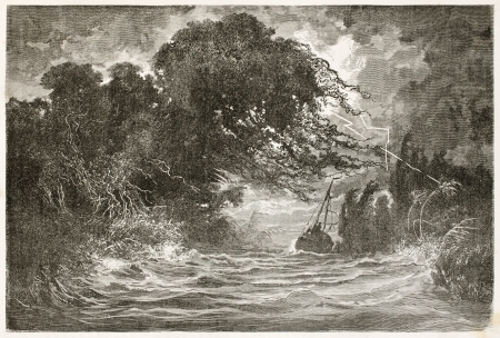 Night storm in Breves channel, Amazon basin. Created by Riou and Hildibrand, published on Le Tour du Monde, Paris, 1867のeditorial素材