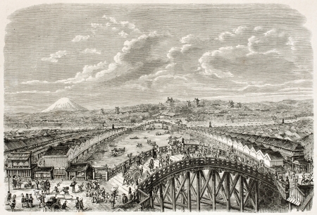Nippon bridge old view, Yedo (Tokyo). Created by Pelcoq after Japanese painting by unknown author, published on Le Tour Du Monde, Ed. Hachette, Paris, 1867のeditorial素材