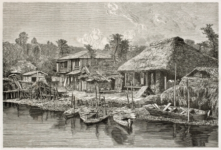 Omoura channel old view, Japan. Created by Grenet after photo by unknown author, published on Le Tour Du Monde, Ed. Hachette, Paris, 1867のeditorial素材