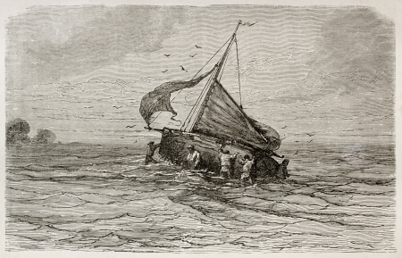 Sloop Santa Marta ship grounding in Limoeiro bay, Brazil. Created by Riou, published on Le Tour du Monde, Paris, 1867のeditorial素材