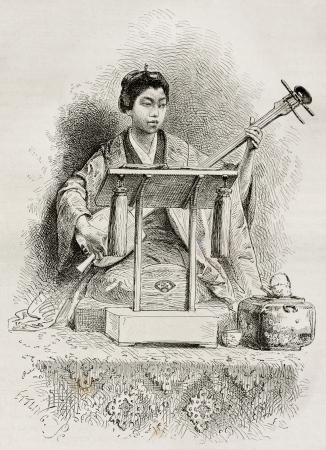 Japanese singer of national lagends, Japan. Created by Neuville after photo of unknown author, published on Le Tour Du Monde, Ed. Hachette, Paris, 1867のeditorial素材