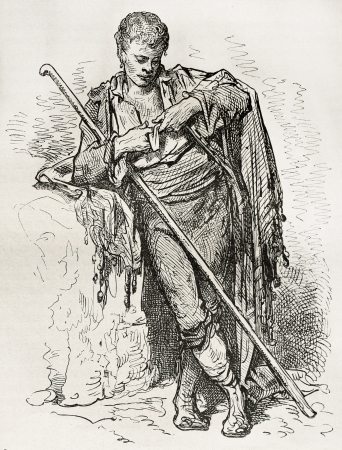 Young Spanish beggar, old illustration. Created by Gustave Dore, published on Le Tour Du Monde, Ed. Hachette, Paris, 1867のeditorial素材