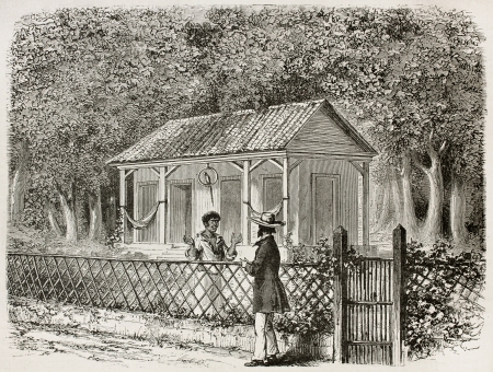 Two men talking from two sides of the fence, old illustration. Created by Riou, published on Le Tour Du Monde, Paris, 1867 のeditorial素材