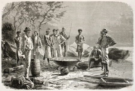 Trepang cooking in New Caledonia (sea cucumber course). Created by Neuville after photo of unknown author, published on Le Tour Du Monde, Paris, 1867のeditorial素材