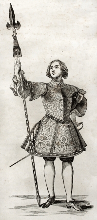 Royal Scottish guard of Louis XV, old illustration. By unidentified author, published on Magasin Pittoresque, Paris, 1840のeditorial素材