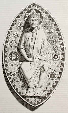 Byzantine enameled medallion old illustration. By unidentified author, published on Magasin Pittoresque, Paris, 1842のeditorial素材