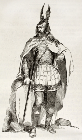 Gaul warrior old illustration. Created by Wattier after Herbe, published on Magasin Pittoresque, Paris, 1842のeditorial素材