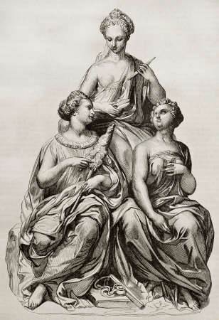 Parcae marble group. Sculpted by Pilon, drawing by Deveria, published on Magasin Pittoresque, Paris, 1842のeditorial素材