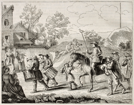 Auctioneers coming before shooting competitions winners (Jeu du Papeguay, antique French tradition). After old print by Mariette, published on Magasin Pittoresque, Paris, 1842のeditorial素材