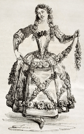 Woman in costume old illustration. By unidentified author, published on Magasin Pittoresque, Paris, 1842のeditorial素材