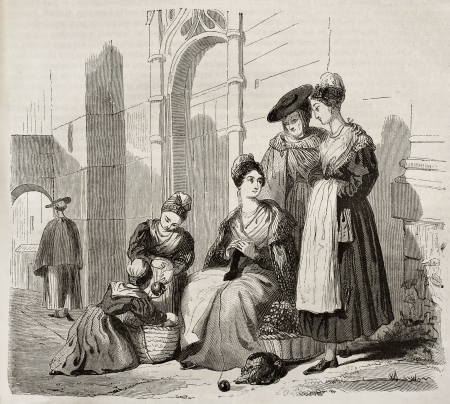 Arles women in traditional costumes, old illustration. Created by Montigneul, published on Magasin Pittoresque, Paris, 1843のeditorial素材