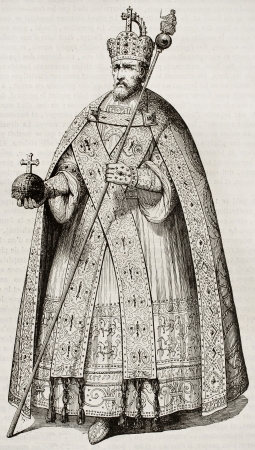 Charlemagne in Grand Imperial costume. Old engraved portrait. By unidentified author, published on Magasin Pittoresque, Paris, 1843のeditorial素材