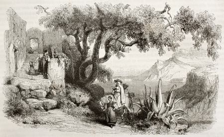 Ischia island old view. Created by Girardet, published on Magasin Pittoresque, Paris, 1843のeditorial素材