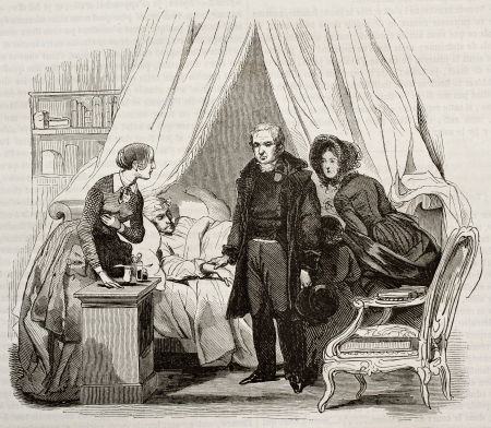 Doctor visiting ill man. Created by Lamy, published on Magasin Pittoresque, Paris, 1843