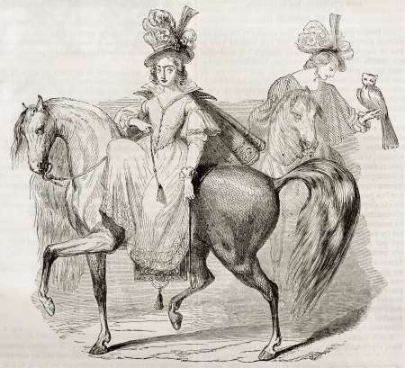 Woman riding: old engraving after painting of Drevet de Nancy kept in Orleans museum. Published on Magasin Pittoresque, Paris, 1843のeditorial素材