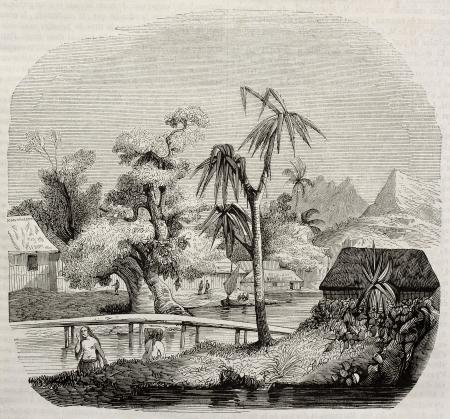 Tahiti island old view. Created by Lebreton, published on Magasin Pittoresque, Paris, 1843のeditorial素材