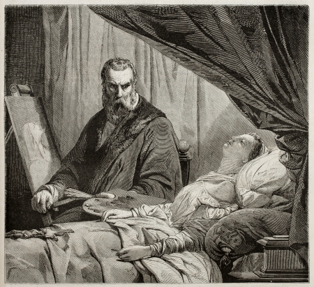 Tintoretto and his daughter. Created by Girardet after picture of Cogniet, published on Magasin Pittoresque, Paris, 1843のeditorial素材