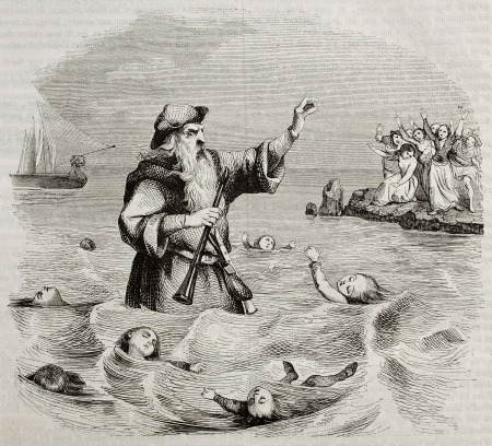 Old man with two flutes, old illustration of the antique legend. Created by Seguin, published on Magasin Pittoresque, Paris, 1843のeditorial素材
